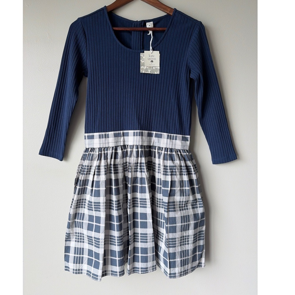 Kate Quinn Navy Blue Ribbed Plaid Organic Cotton Pocket Dress Small NWT